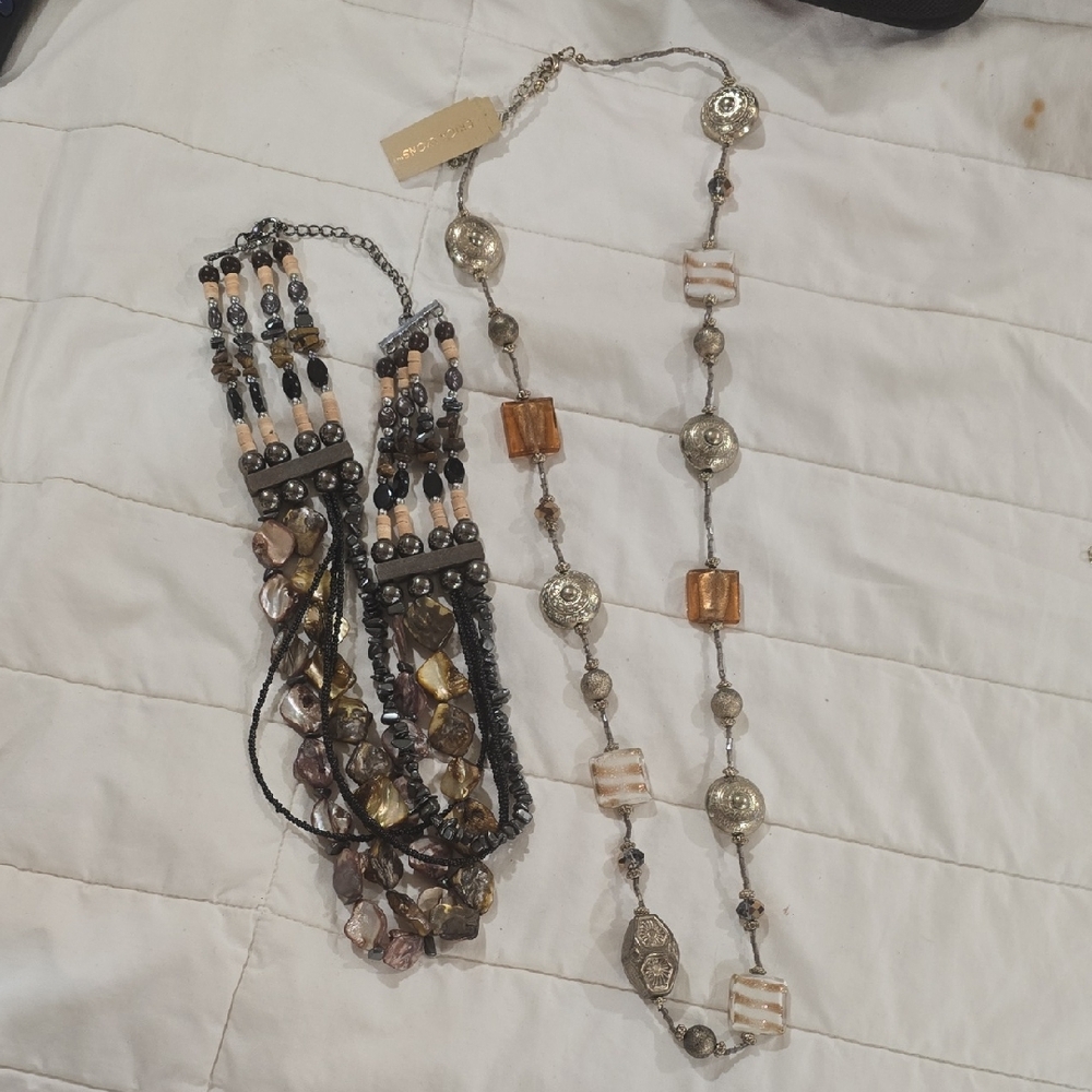 Erica Lyons Silver and Brown Beaded Necklace Set